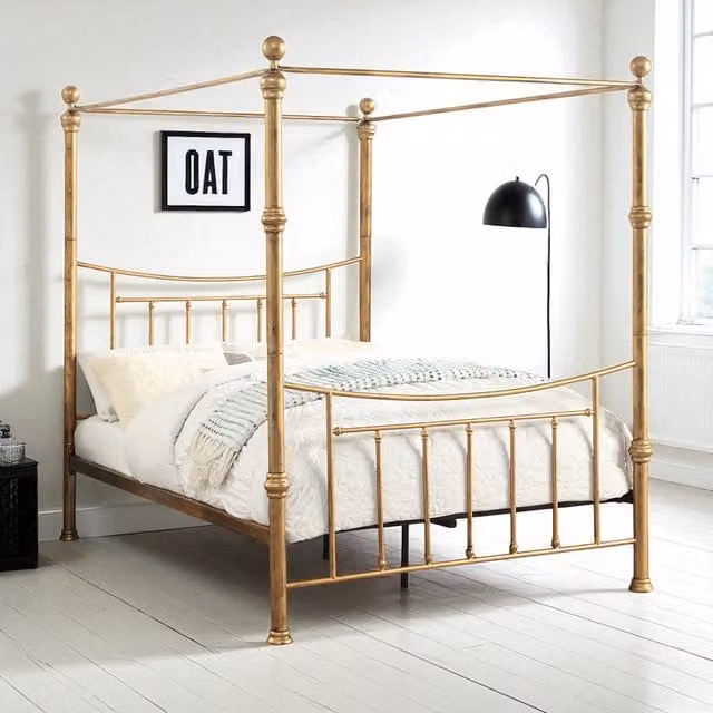 OAT Home Vintage Gold Lacquered Metal Canopy Bed Frame, W/D/H: 180 x 200 cm