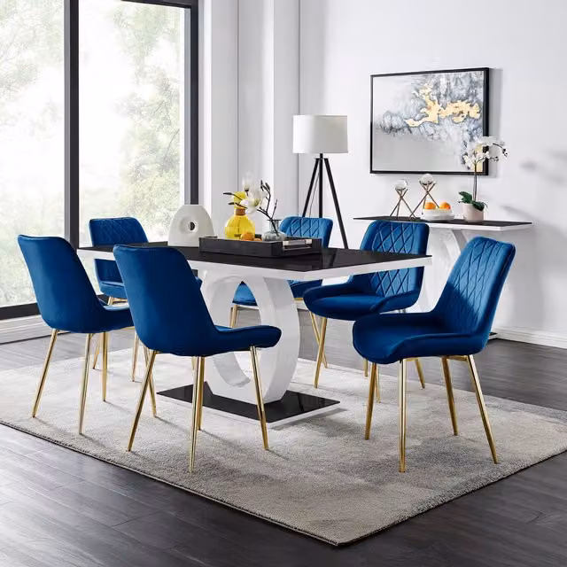 FurnitureboxUK Giovani Black Glass Rectangular Dining Table and Six Navy Blue Velvet Pesaro Gold Leg Chairs