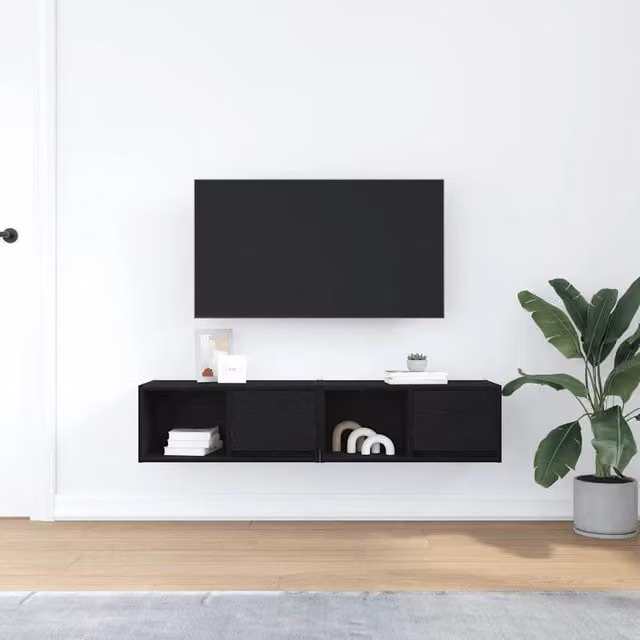 Berkfield Home Set of 2 Modern Black Oak TV Cabinets, W: 60 cm, D: 31 cm, H: 25.5 cm