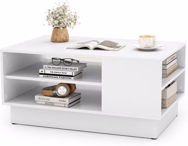 Costway Modern Rectangular Coffee Table with Storage Shelves in White