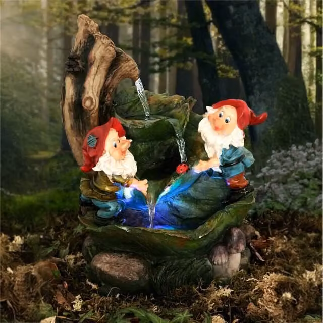 Primrose Two Gnomes on Leaves Design White Multicolour Tabletop Cascade Water Feature with LEDs