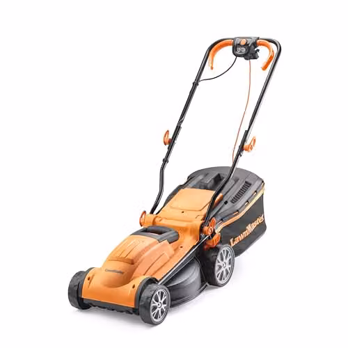 LawnMaster 34cm Electric Lawnmower in Orange with Fixed Steel Blade and Collection Bag – 1