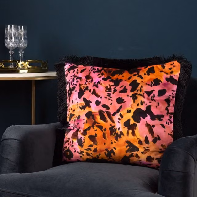 Paoletti Colette Animal Graphic Velvet Cushion in Pink, Orange and Black, W/D/H: 45 x 45 x 45 cm