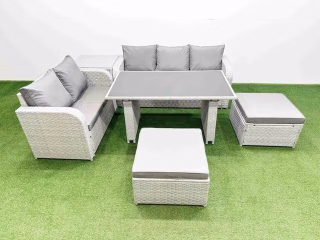 Fimous Garden Furniture Set with Rectangular Table and 2 Large Stools and Side Table in Light Grey