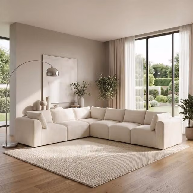 Furniturebox UK Drift 5 Seater L-Shaped Modular Corner Sofa in Cream Boucle Fabric