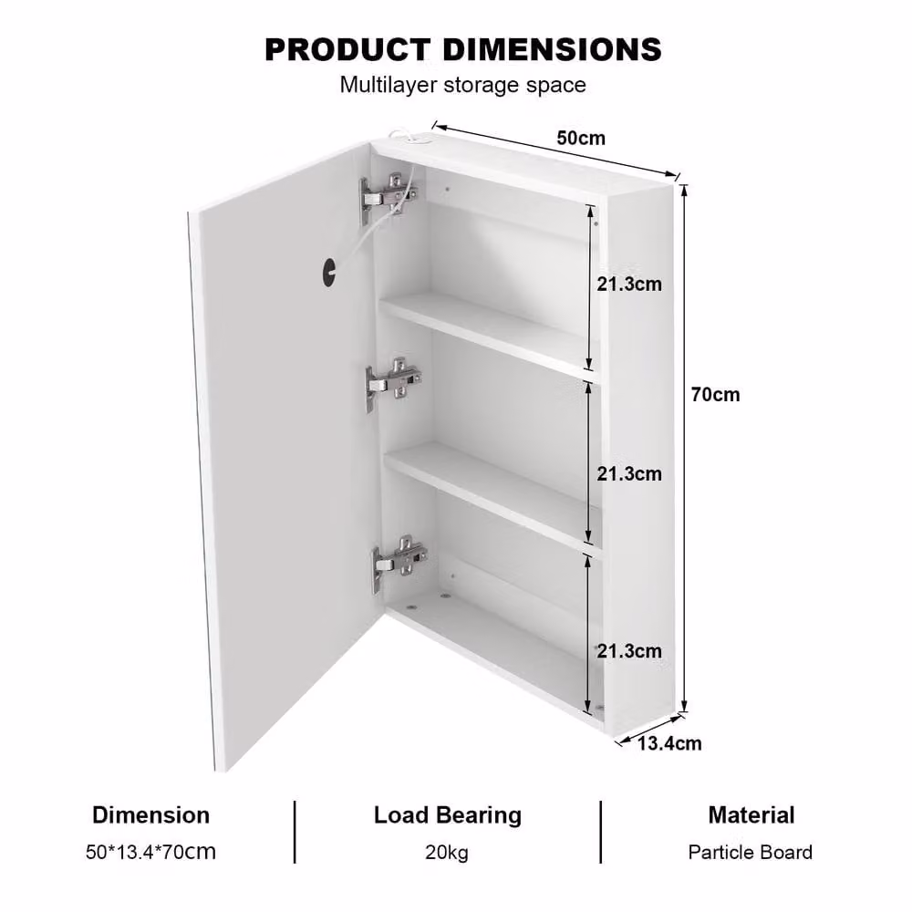 KEEPREAPER Illuminated Bathroom Mirror Cabinet in White with LED Lighting, Anti-Fog Demister and Sensor Switch, W/H: 50 x 70 cm – 2