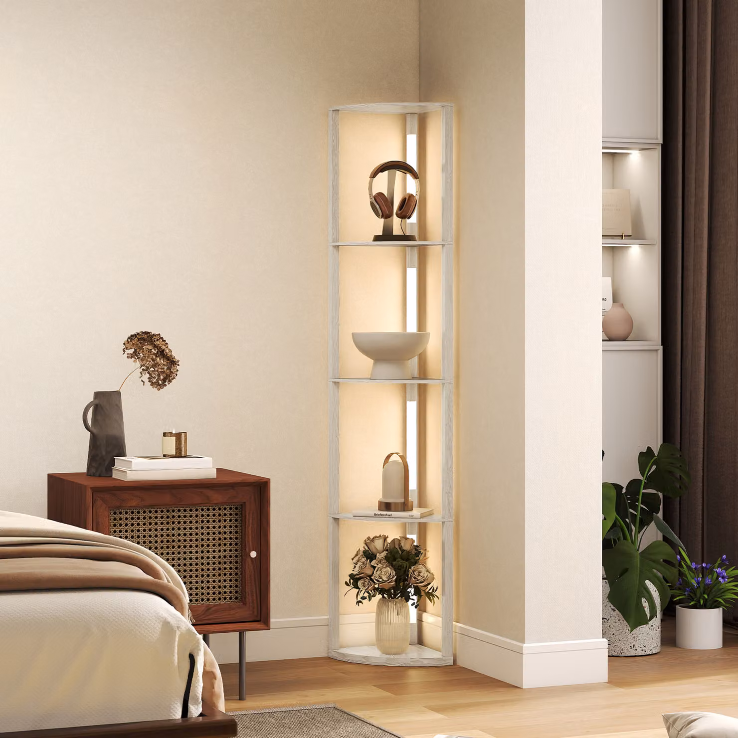 HOMCOM LED Floor Standing Lamp with Shelves in Oak, Dimmable Warm White Light for Living Room and Bedroom – 2