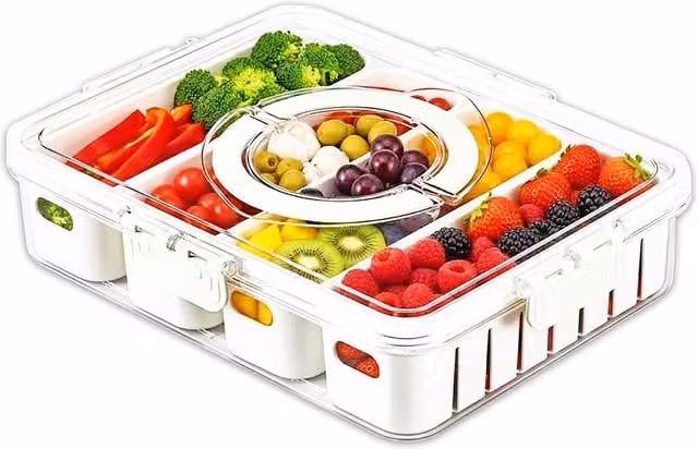 SPARES2GO Large Transparent Plastic Food Storage Container with Leakproof Clip Lid and 4 Removable Dividers