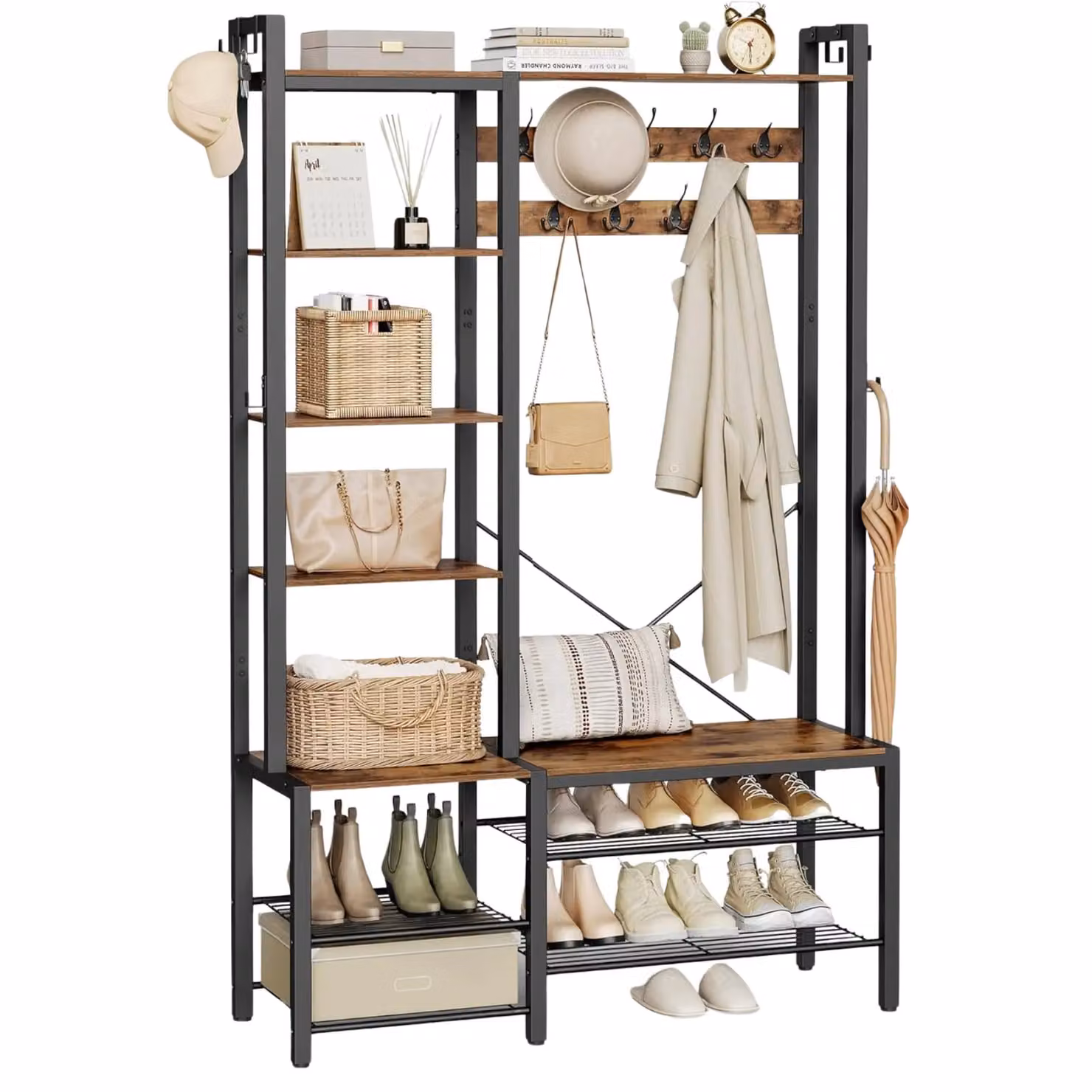 Rafaelo Mobilia Industrial Hall Tree Coat Rack with Shoe Storage and Bench in Brown – 2