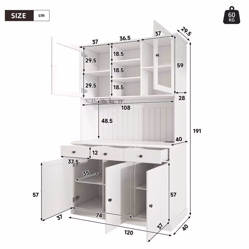 STILVORA Tall Kitchen Cabinet in White with Power Outlets and Wine Glass Holder, W/D/H: 40.0 x 40.0 x 191.0 cm – 2