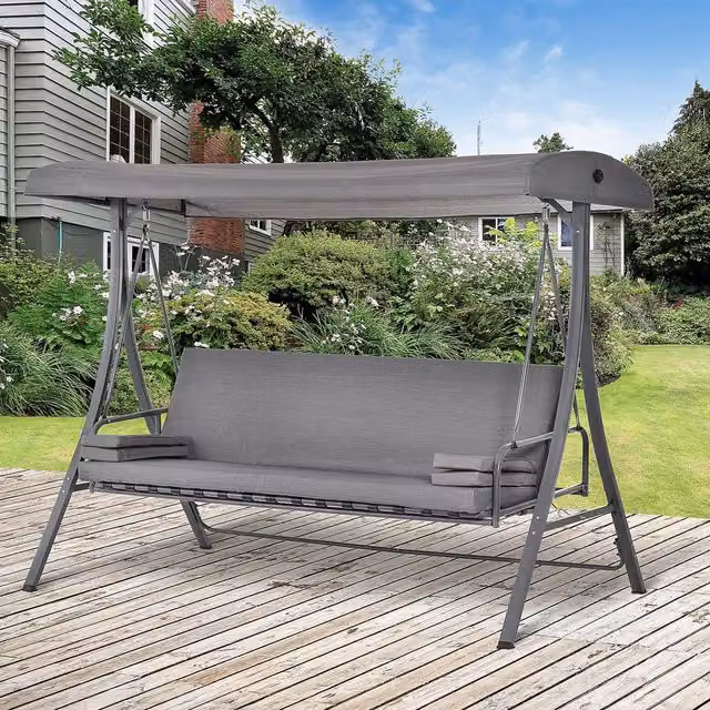 OUTSUNNY 2-in-1 3 Seater Patio Swing Chair and Hammock with Sun Canopy and Cushions in Grey – 1