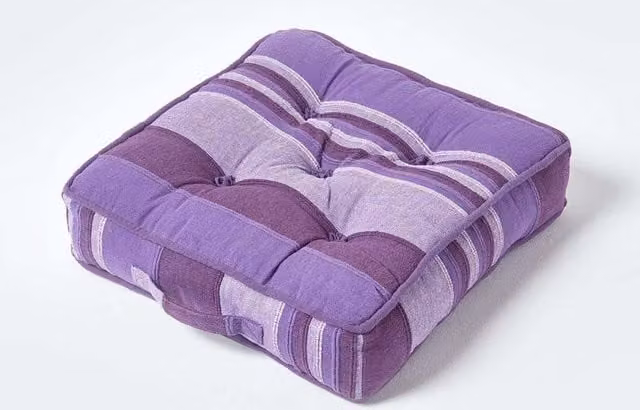 Homescapes Morocco Striped Cotton Floor Cushion in Purple Mauve, W/D/H: 40 x 40 x 8 cm