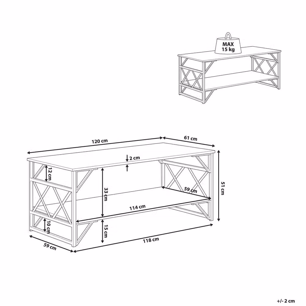 Wyld and Coco Industrial Coffee Table with Taupe Wood Veneer Top and Black Metal X-Frame, W: 120 cm, D: 61 cm, H: 51 cm – 3