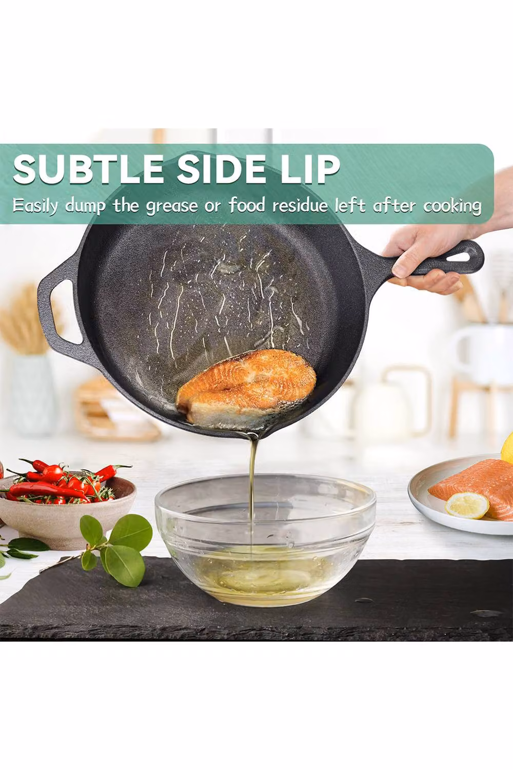 Living and Home Uncoated Cast Iron Frying Pan with Handles, Black – 4