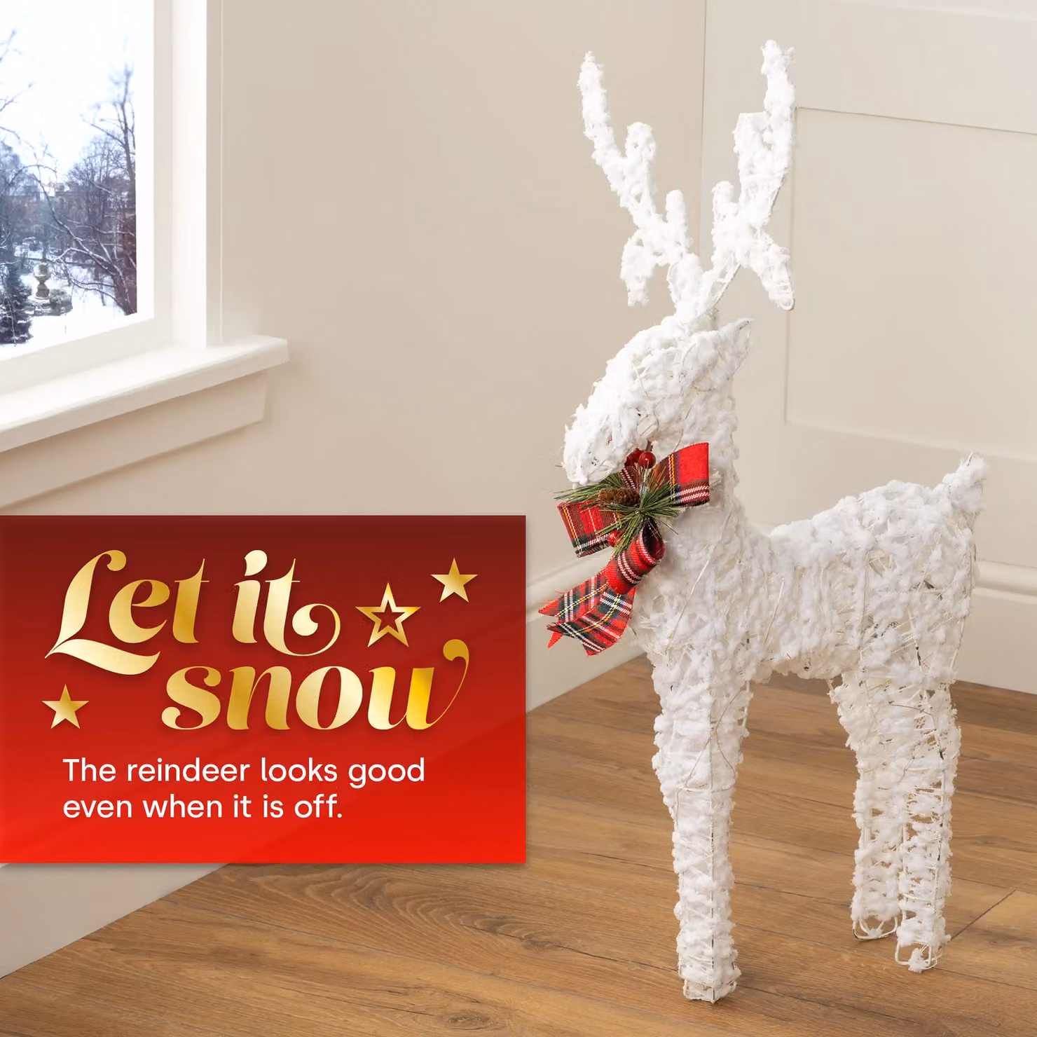 Christmas Village Light Up Glitter Reindeer Decoration in White and Grey with Textile Scarf and Warm Light – 5