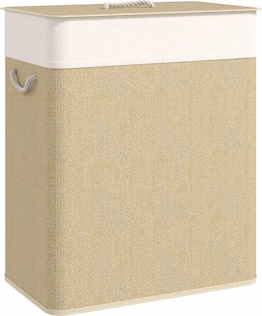 HOMCOM Double Laundry Basket with Lid, 100L Bamboo Hamper with Rope Handles and Removable Liner in Cream White and Beige – 1