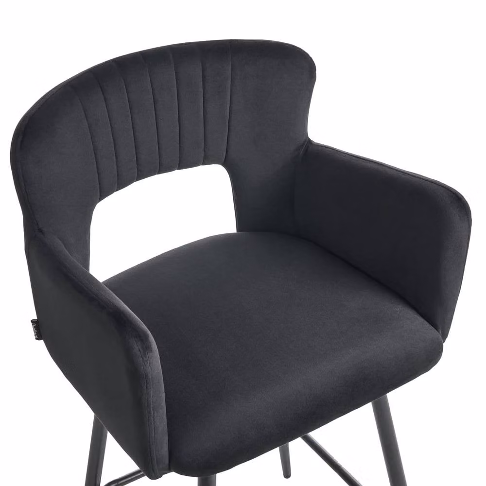 Wyld and Coco Black Velvet Counter Bar Chair with Armrests and Cutout Back – 5