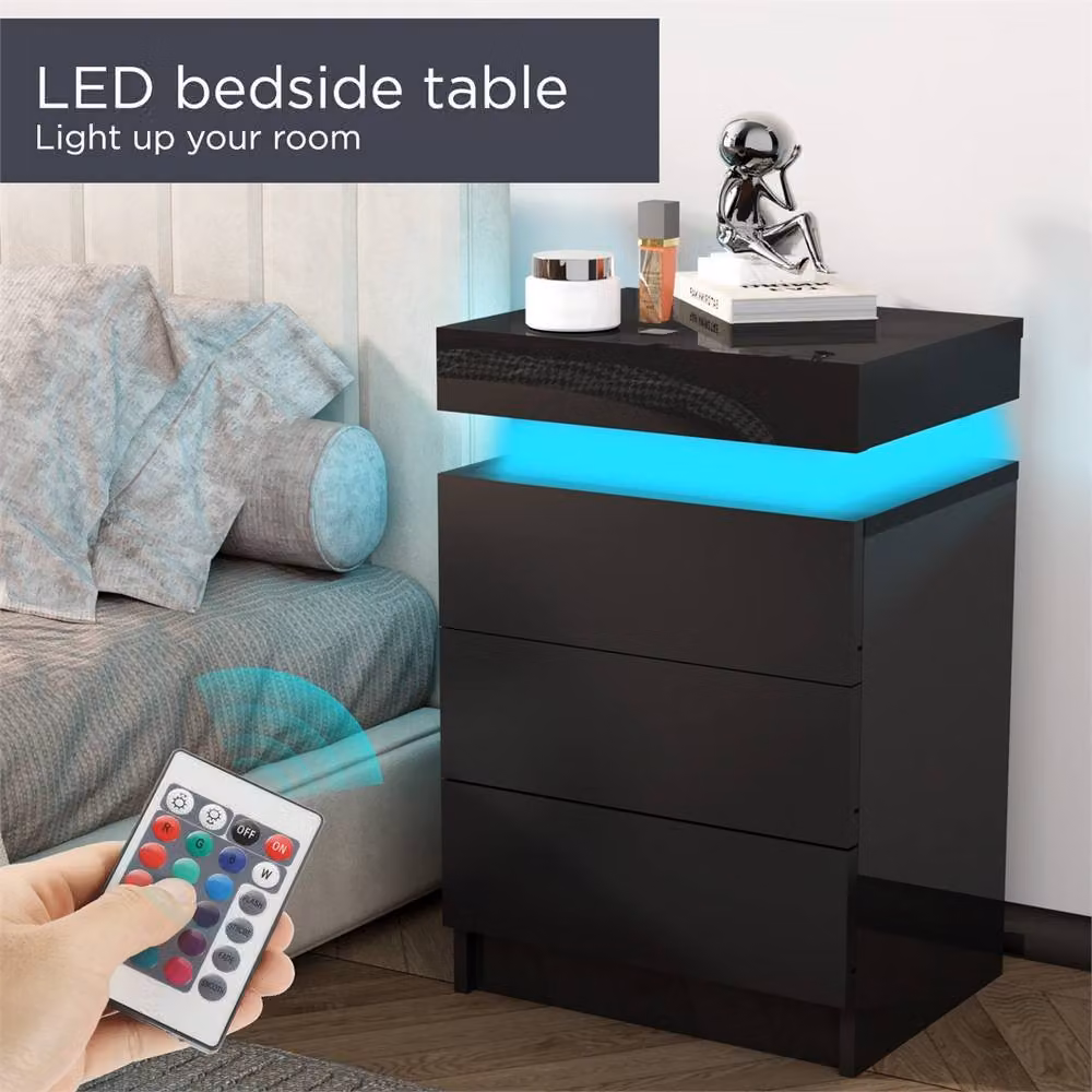 Nordara Black 3-Drawer High Gloss LED Bedside Table in Black – 3