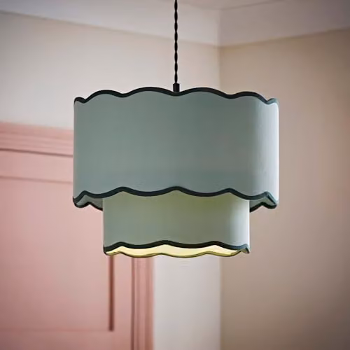 ValueLights Sloane 2 Tier Scallop Ceiling Lamp Shade in Green and Grey Fabric – 2