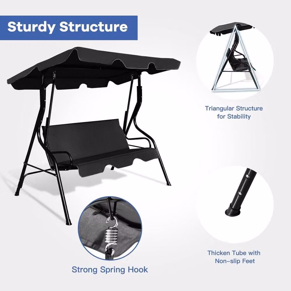 Costway 3 Seater Metal Garden Swing Chair with Sun Canopy and Cushions in Black – 5