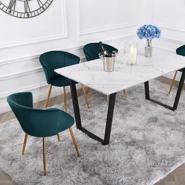 Home Garden Direct Atlas Dining Set with Marble Table and Four Grey Velvet Mill Chairs