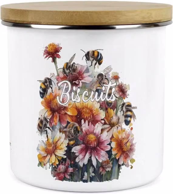 Purely Home Flowers & Bees Large Floral Enamel Kitchen Storage Canister - White