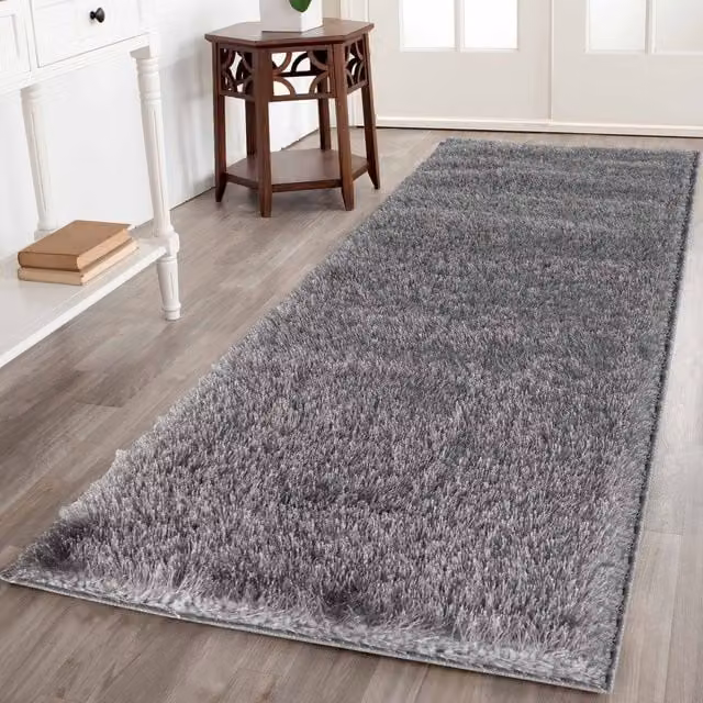 Desire Rugs Modern Plain Shimmer Shaggy Area Rug Runner in Silver, W: 60 cm, L: 220 cm