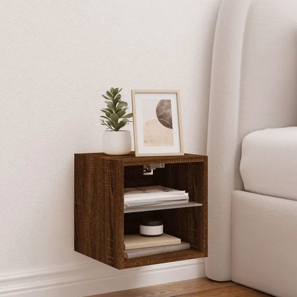Berkfield Home Modern Wall Mounted TV Cabinet with LED Lights in Brown Oak, W/D/H: 30 x 30 x 28.5 cm – 4