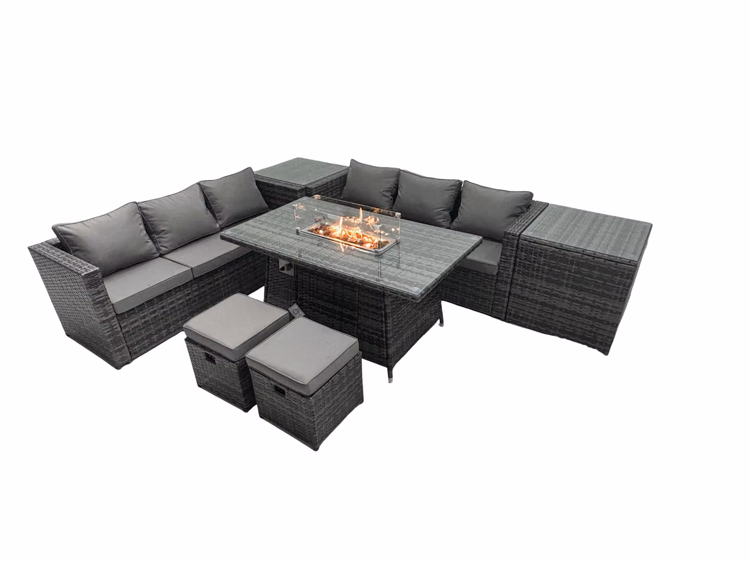 Fimous 8 Seater Rattan Garden Furniture Firepit Dining Set with Lounge Sofa, Table and 2 Footstools in Dark Grey – 2