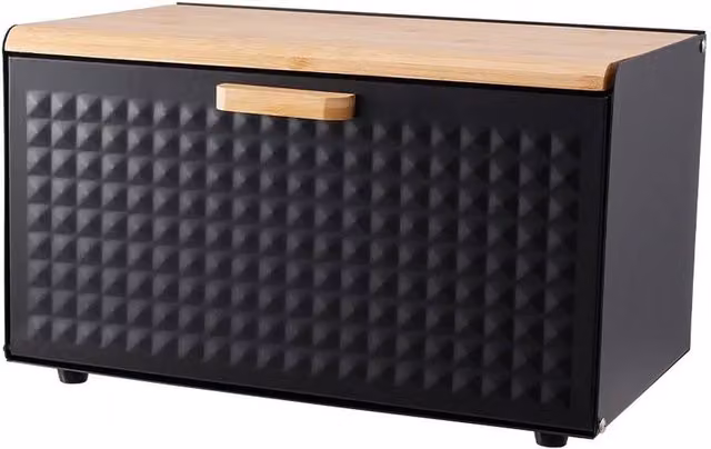 PAWNORA Dual Open Bread Bin in Black with Bamboo and Metal Accents