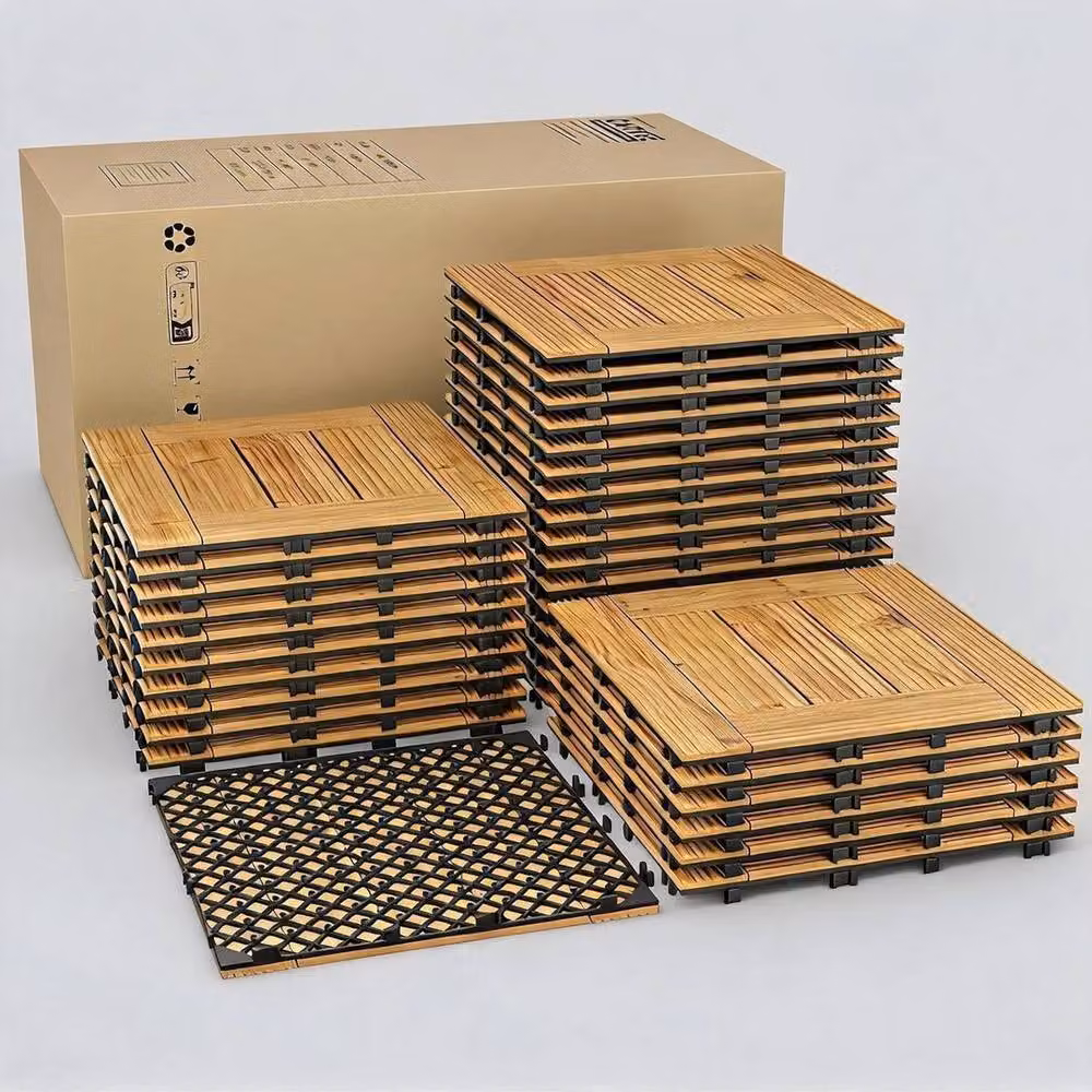 VOGREX Interlocking Waterproof Solid Acacia Wood Deck Tiles, 22 Pack, Brown – 3