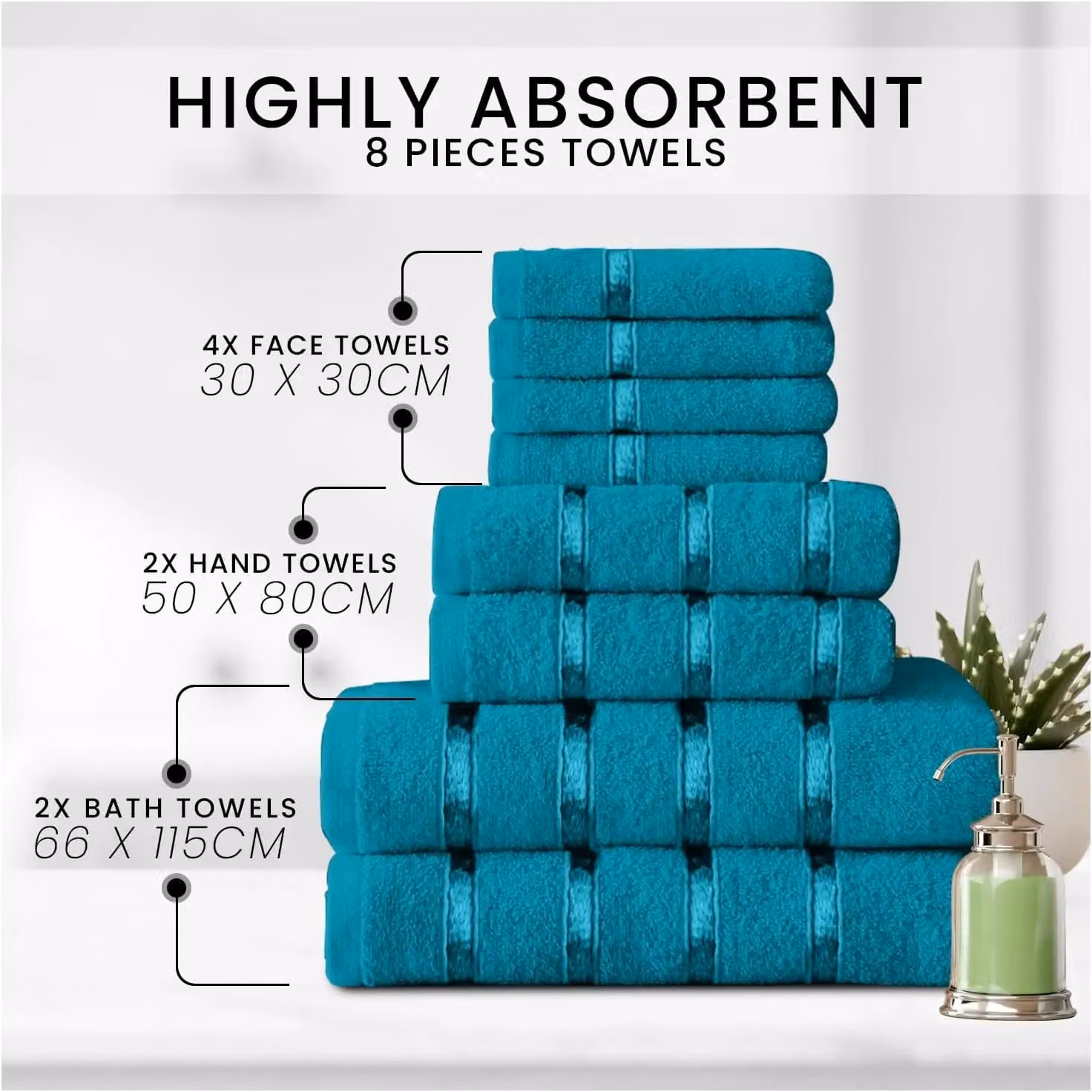 Gaveno Cavailia 8 Piece Cotton Towel Set in Petrol Blue, 450 GSM, Includes 4 Face Towels, 2 Hand Towels and 2 Bath Towels – 2