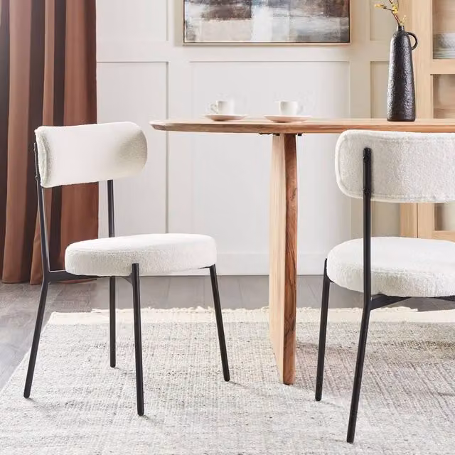 Wyld and Coco Aura Living White Bouclé Dining Chairs Set of 2 with Black Metal Legs