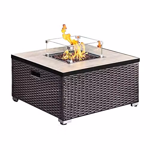 Teamson Home Brown Rattan Outdoor Propane Gas Fire Pit Table with Lid, Screen, Lava Rocks and Cover, W/D/H: 80 x 80 x 48.26 cm – 2