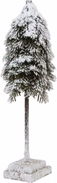 KDMD Medium Snowy Cedar Tree on Wood Block, White Tabletop Winter Holiday Decor