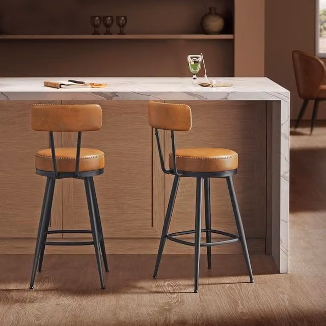 VASAGLE Set of 2 Modern 360 Swivel Bar Stools with Backrests in Brown Synthetic Leather and Metal – 1