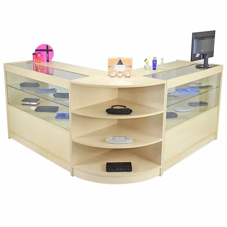 Monstershop Orion Corner Retail Display Set with Glass Doors and Internal Shelves in Maple and Beige, H: 170 cm, W: 90 cm, D: 60 cm