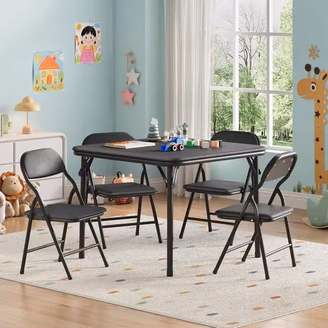 London Boutique 5-Piece Kids Folding Dining Table and 4 Upholstered Chairs Set in Black