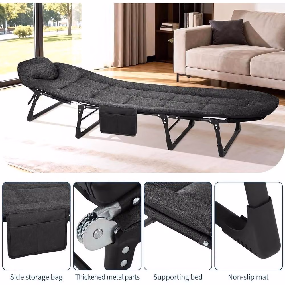 VOGREX Portable Folding Camping Cot for Adults with Cushion Pillow and Bedside Shelf in Black – 4