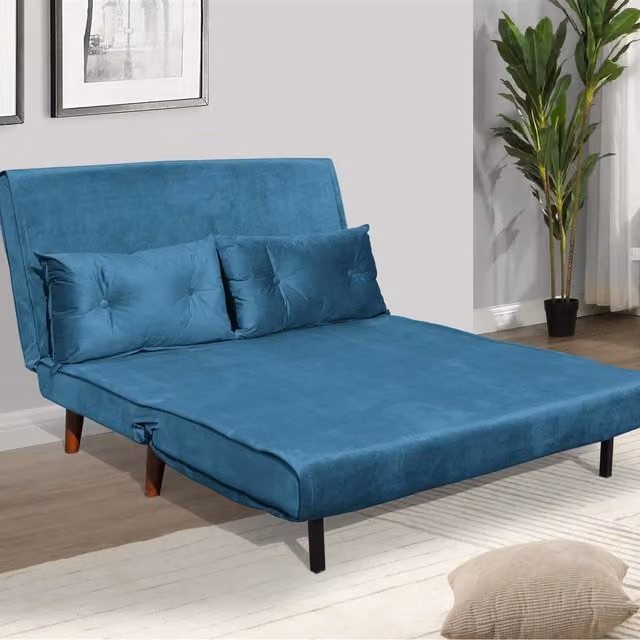 Kosy Koala Blue Velvet Upholstered 2 Seater Foldable Sofa Bed with Sleeping Function, W/D/H: 120 x 190 cm