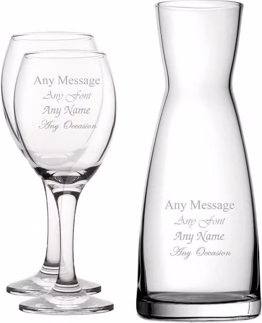 Uniqueful Personalised Engraved Set of 2 Pure Wine Glasses and Contemporary Carafe in Clear Lead-Free Crystal Glass