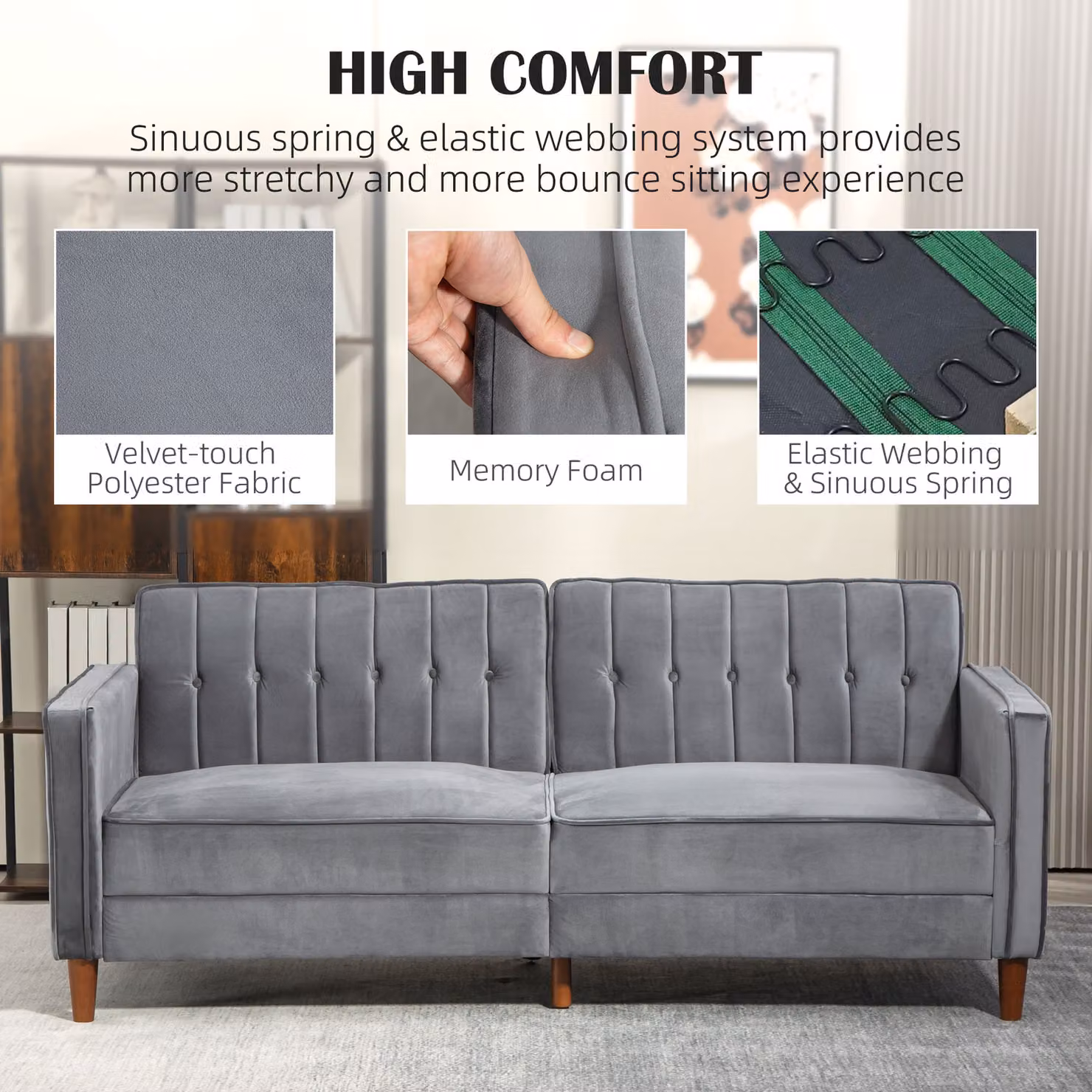 HOMCOM Three-Seater Velvet Sofa Bed in Grey with Sleeping Function – 5
