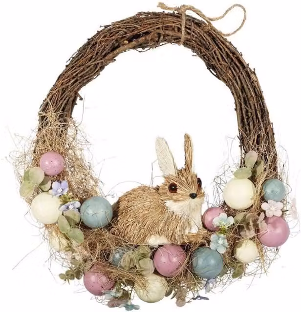 KDMD Brown Easter Half Wreath with Sitting Rabbit and Floral Rattan Decorations, Diameter: 35 cm – 1