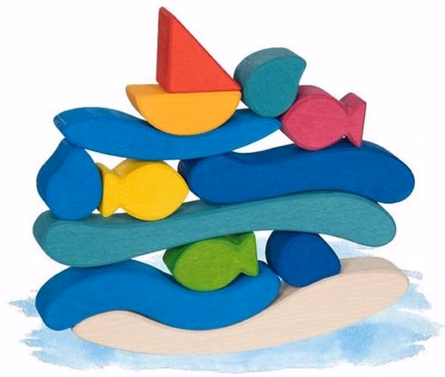 Goki Building Bricks Water World Blue and Multicolour Wooden Stacking Toy