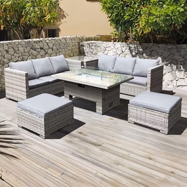 Oseasons Malta Rattan 8 Seat Corner Set with Rising Firepit and Twin Stools in Dove Grey