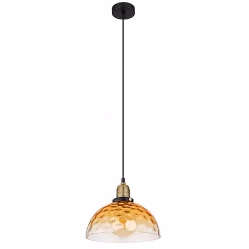 Globo Lighting Retro Amber Glass Dome Pendant Light with Brass and Black Metal Finish, D 25 cm x H 120 cm