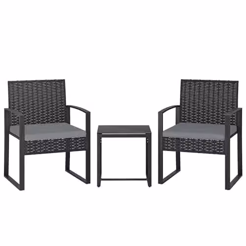 Outsunny 3 Piece Grey PE Rattan Bistro Set with Upholstered Cushions for Garden and Terrace – 1