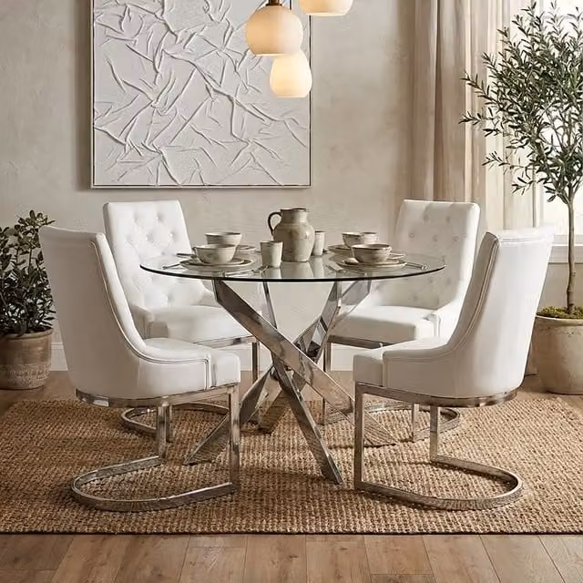 Interiors by Premier Orsina Round Glass Dining Table with Chrome X-Frame Legs, Transparent and Silver – 1