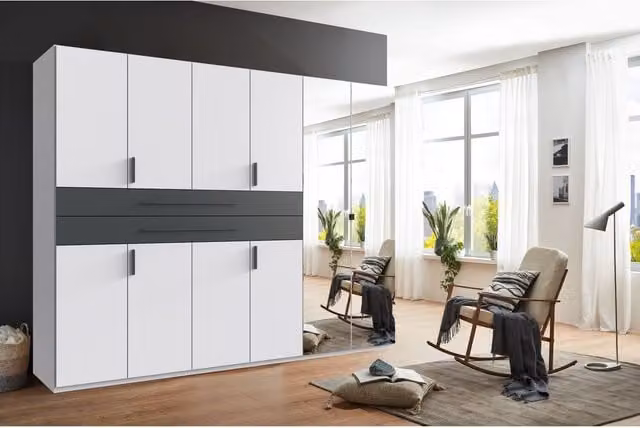 TJS Digit 6 Door Modern Bedroom Wardrobe in White and Grey with Mirror, Width: 270 cm