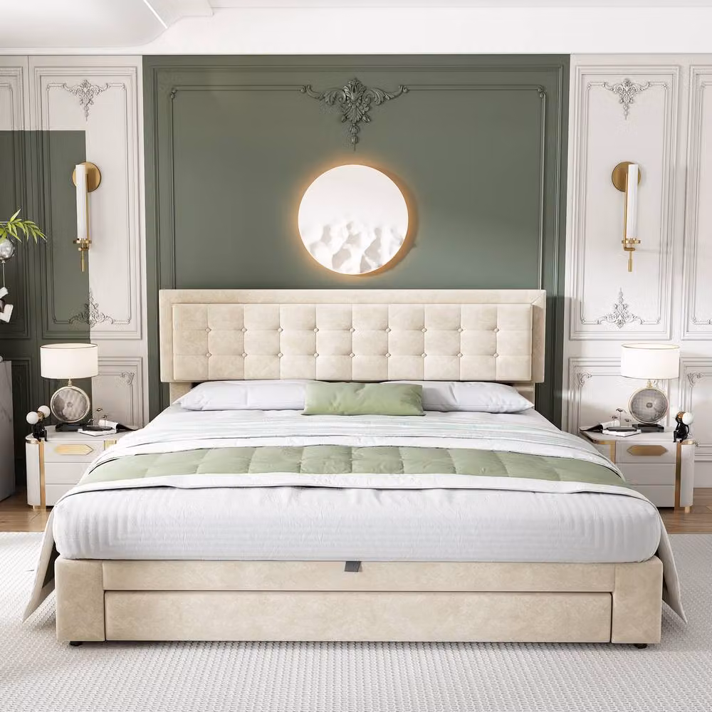 Merax Super King Velvet Upholstered Ottoman Bed with Lift Storage, Beige, W/D/H: 180 x 200 cm – 2